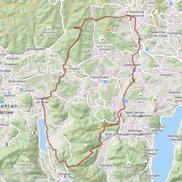 Karttaminiaatyyri "Frankenburg-Mondsee Loop" pyöräilyinspiraatiosta alueella Oberösterreich, Austria. Luotu Tarmacs.app pyöräilyreittisuunnittelijalla