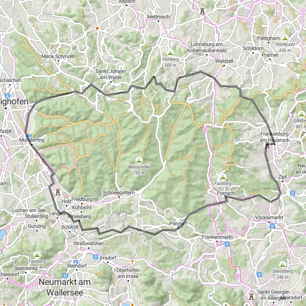 Miniatura della mappa di ispirazione al ciclismo "Giro delle Colline del Hausruck" nella regione di Oberösterreich, Austria. Generata da Tarmacs.app, pianificatore di rotte ciclistiche