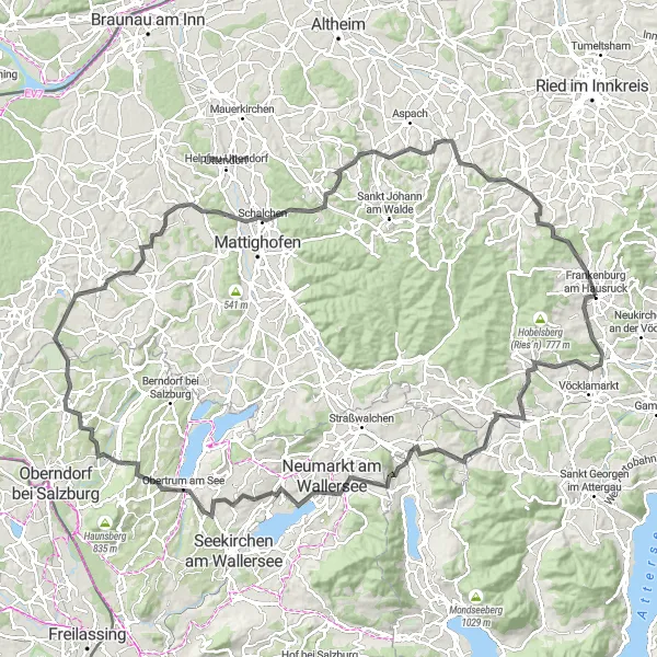Mapa miniatúra "Výlet kolem Frankenburgu s niekoľkými vrcholmi" cyklistická inšpirácia v Oberösterreich, Austria. Vygenerované cyklistickým plánovačom trás Tarmacs.app