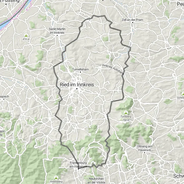 Miniature de la carte de l'inspiration cycliste "Escapade à travers les châteaux et les villages" dans la Oberösterreich, Austria. Générée par le planificateur d'itinéraire cycliste Tarmacs.app