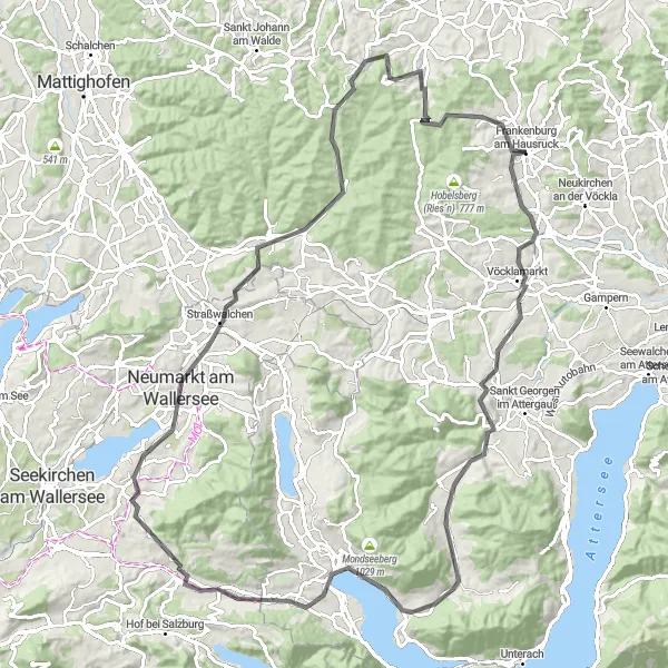 Miniatuurkaart van de fietsinspiratie "Rondrit Frankenburg - Vöcklamarkt - Koglberg - Innerschwand am Mondsee - Hilfberg Kirche - Thalgau - Zifanken - Aussichtspunkt - Neumarkt am Wallersee - Steiglberg - Flucht" in Oberösterreich, Austria. Gemaakt door de Tarmacs.app fietsrouteplanner