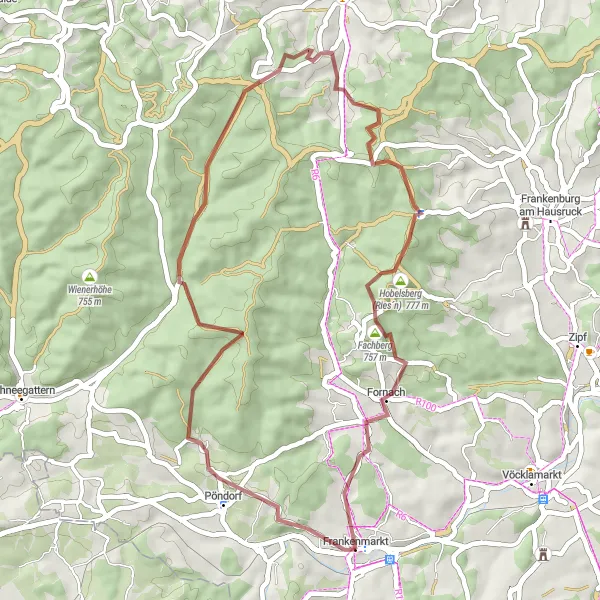 Miniatura della mappa di ispirazione al ciclismo "Il giro dei tesori di Frankenmarkt" nella regione di Oberösterreich, Austria. Generata da Tarmacs.app, pianificatore di rotte ciclistiche