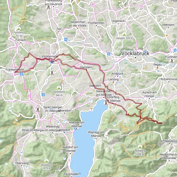 Miniaturní mapa "Scenic Gravel Route via Vöcklamarkt" inspirace pro cyklisty v oblasti Oberösterreich, Austria. Vytvořeno pomocí plánovače tras Tarmacs.app