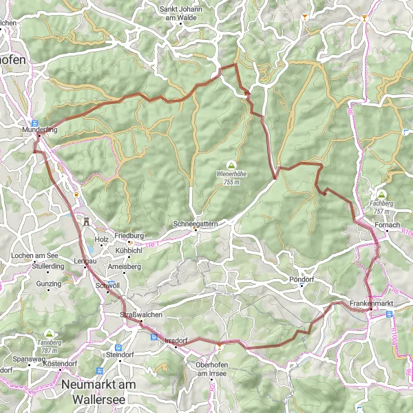Karttaminiaatyyri "Frankenmarkt-Irrsdorf-Fornach-Kalteis Round-Trip" pyöräilyinspiraatiosta alueella Oberösterreich, Austria. Luotu Tarmacs.app pyöräilyreittisuunnittelijalla