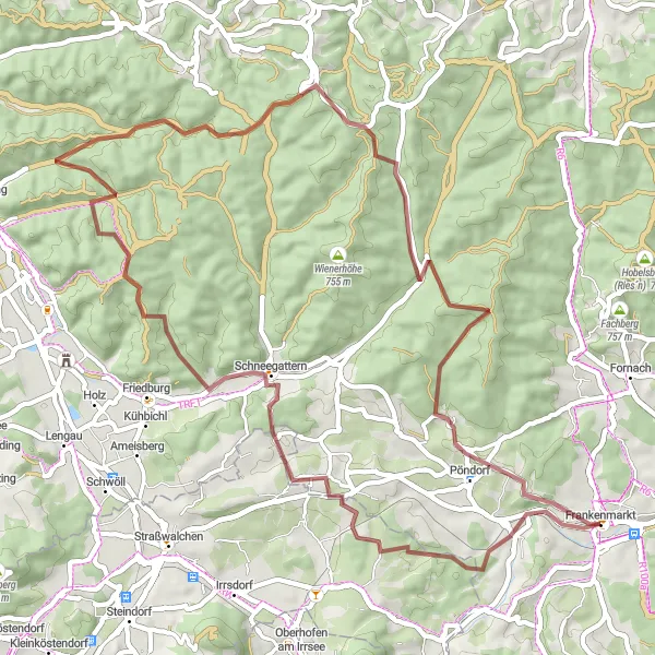 Miniatua del mapa de inspiración ciclista "Ruta Escénica de Frankenmarkt a Pöndorf" en Oberösterreich, Austria. Generado por Tarmacs.app planificador de rutas ciclistas