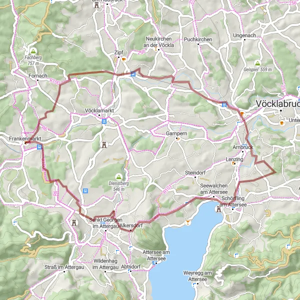 Zemljevid v pomanjšavi "Krožna makadamska kolesarska pot Frankenmarkt - Frankenmarkt" kolesarske inspiracije v Oberösterreich, Austria. Generirano z načrtovalcem kolesarskih poti Tarmacs.app