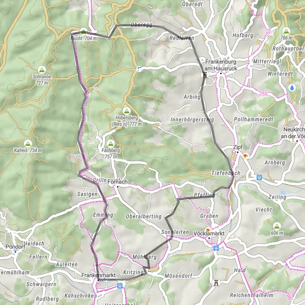 Kartminiatyr av "Fornach til Frankenmarkt Sykkeltur" sykkelinspirasjon i Oberösterreich, Austria. Generert av Tarmacs.app sykkelrutoplanlegger