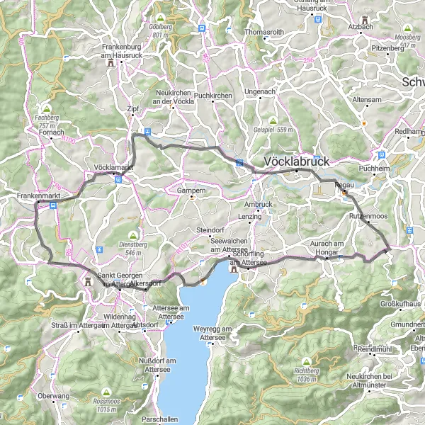 Miniatua del mapa de inspiración ciclista "Ruta Escénica de Vöcklamarkt a Frankenmarkt" en Oberösterreich, Austria. Generado por Tarmacs.app planificador de rutas ciclistas