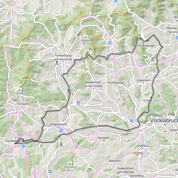 Zemljevid v pomanjšavi "Okolica Frankenmarkta - Doživetje narave" kolesarske inspiracije v Oberösterreich, Austria. Generirano z načrtovalcem kolesarskih poti Tarmacs.app