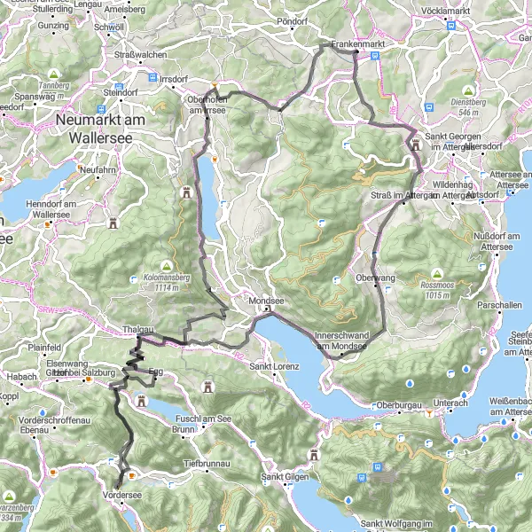 Miniatua del mapa de inspiración ciclista "Ruta de los lagos y castillos de Salzkammergut" en Oberösterreich, Austria. Generado por Tarmacs.app planificador de rutas ciclistas