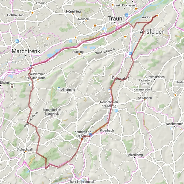 Miniatua del mapa de inspiración ciclista "Ruta de ciclismo de grava cerca de Freindorf" en Oberösterreich, Austria. Generado por Tarmacs.app planificador de rutas ciclistas