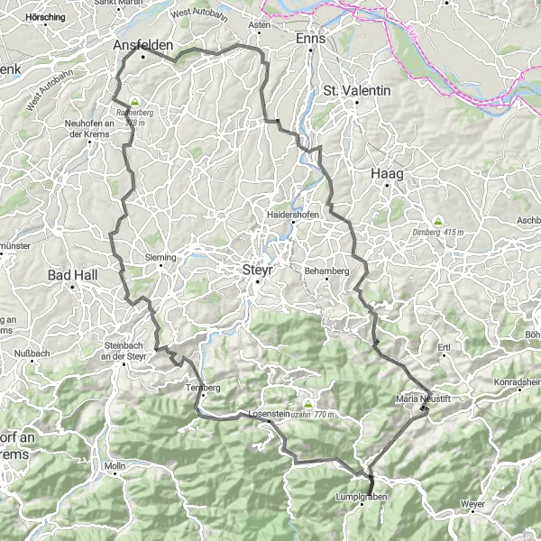 Miniatura della mappa di ispirazione al ciclismo "Tour panoramico attraverso Oberösterreich" nella regione di Oberösterreich, Austria. Generata da Tarmacs.app, pianificatore di rotte ciclistiche