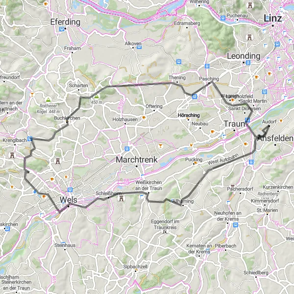 Miniatuurkaart van de fietsinspiratie "Wels en omgeving" in Oberösterreich, Austria. Gemaakt door de Tarmacs.app fietsrouteplanner