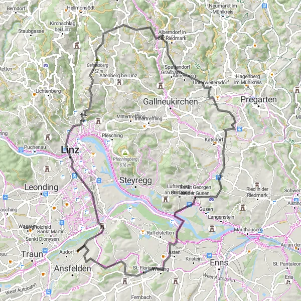 Map miniature of "The Linz Loop" cycling inspiration in Oberösterreich, Austria. Generated by Tarmacs.app cycling route planner