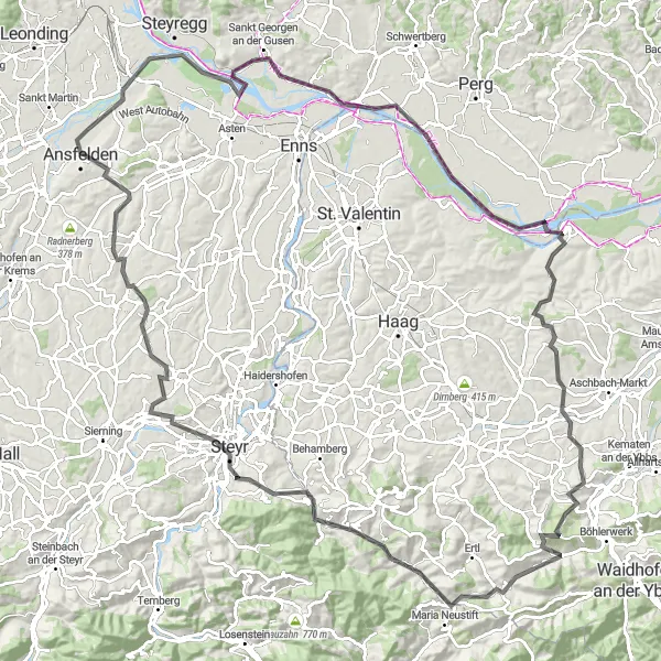 Miniature de la carte de l'inspiration cycliste "Circuit des Châteaux et Montagnes" dans la Oberösterreich, Austria. Générée par le planificateur d'itinéraire cycliste Tarmacs.app