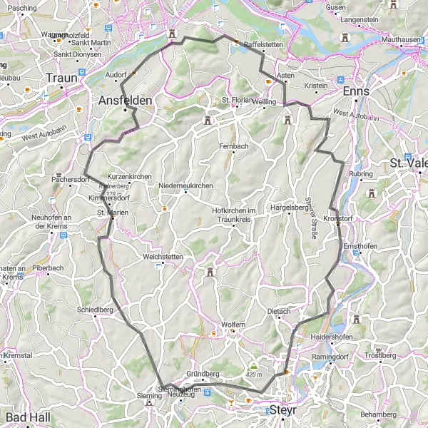 Kartminiatyr av "Historiska platser runt Kronstorf och Ansfelden" cykelinspiration i Oberösterreich, Austria. Genererad av Tarmacs.app cykelruttplanerare