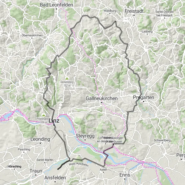 Miniature de la carte de l'inspiration cycliste "Aventures autour de Linz" dans la Oberösterreich, Austria. Générée par le planificateur d'itinéraire cycliste Tarmacs.app