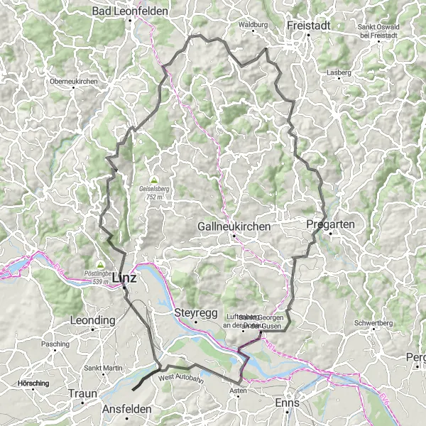 Miniaturní mapa "Trasa okolo Linze" inspirace pro cyklisty v oblasti Oberösterreich, Austria. Vytvořeno pomocí plánovače tras Tarmacs.app