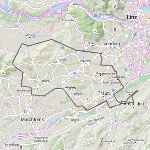 Miniatua del mapa de inspiración ciclista "Ruta de ciclismo de carretera en las cercanías de Freindorf" en Oberösterreich, Austria. Generado por Tarmacs.app planificador de rutas ciclistas