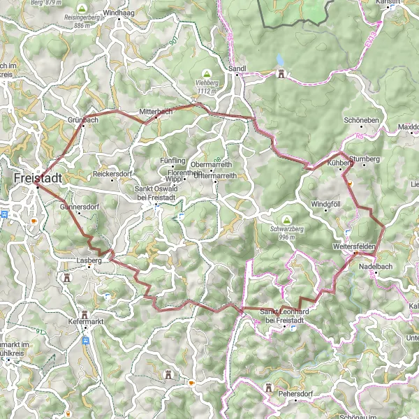 Zemljevid v pomanjšavi "Gravelna avantura okoli Freistadta" kolesarske inspiracije v Oberösterreich, Austria. Generirano z načrtovalcem kolesarskih poti Tarmacs.app