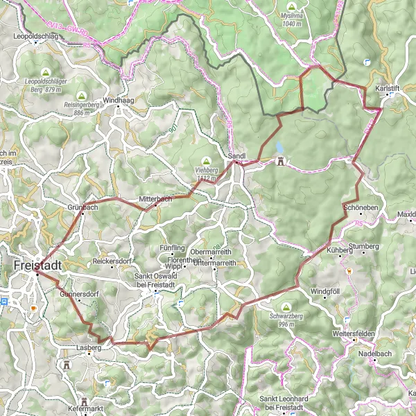 Map miniature of "The Gravel Escape" cycling inspiration in Oberösterreich, Austria. Generated by Tarmacs.app cycling route planner