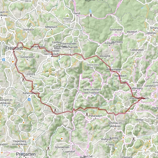 Map miniature of "Freistadt Gravel Adventure" cycling inspiration in Oberösterreich, Austria. Generated by Tarmacs.app cycling route planner