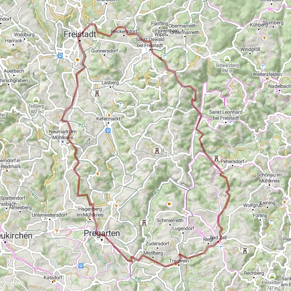 Miniatura della mappa di ispirazione al ciclismo "Giro Panoramico Neumarkt im Mühlkreis" nella regione di Oberösterreich, Austria. Generata da Tarmacs.app, pianificatore di rotte ciclistiche