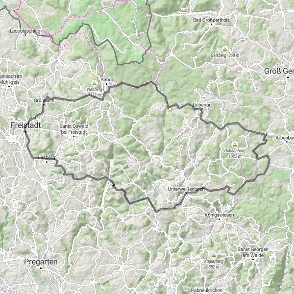 Map miniature of "Road Cycling Adventure in Freistadt" cycling inspiration in Oberösterreich, Austria. Generated by Tarmacs.app cycling route planner