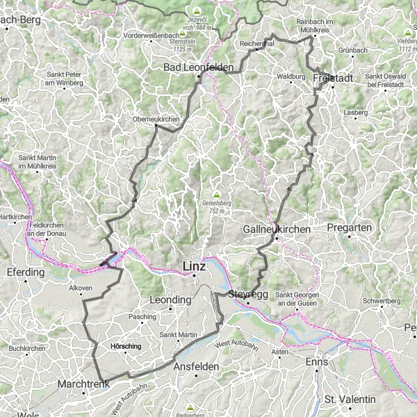 Miniatua del mapa de inspiración ciclista "Aventura por Schloss Steyregg" en Oberösterreich, Austria. Generado por Tarmacs.app planificador de rutas ciclistas