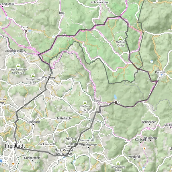 Karttaminiaatyyri "Kaupunkien ja kukkuloiden kautta Freistadtin ympäristöön" pyöräilyinspiraatiosta alueella Oberösterreich, Austria. Luotu Tarmacs.app pyöräilyreittisuunnittelijalla