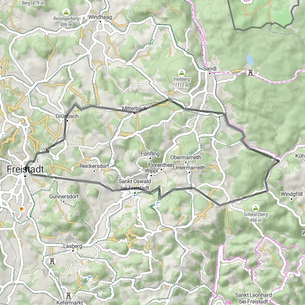 Miniatua del mapa de inspiración ciclista "Ruta de Grünbach" en Oberösterreich, Austria. Generado por Tarmacs.app planificador de rutas ciclistas