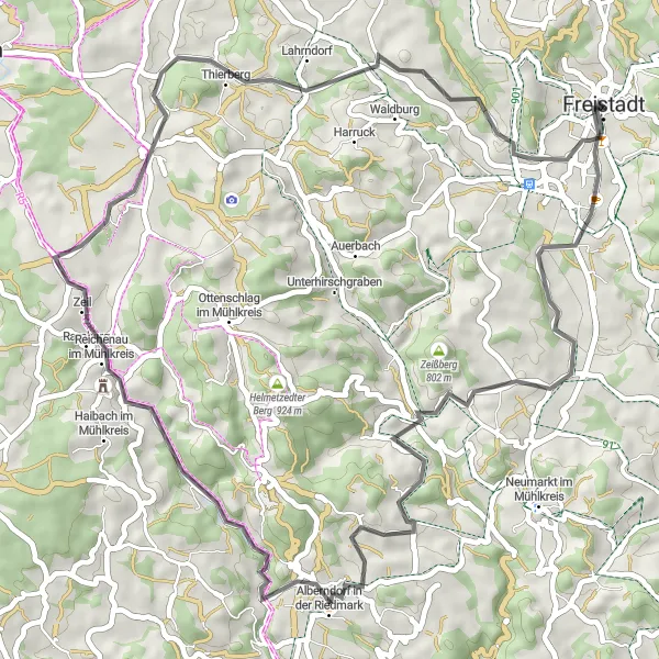 Miniature de la carte de l'inspiration cycliste "Les collines de Zeißberg et Schloss Freistadt" dans la Oberösterreich, Austria. Générée par le planificateur d'itinéraire cycliste Tarmacs.app