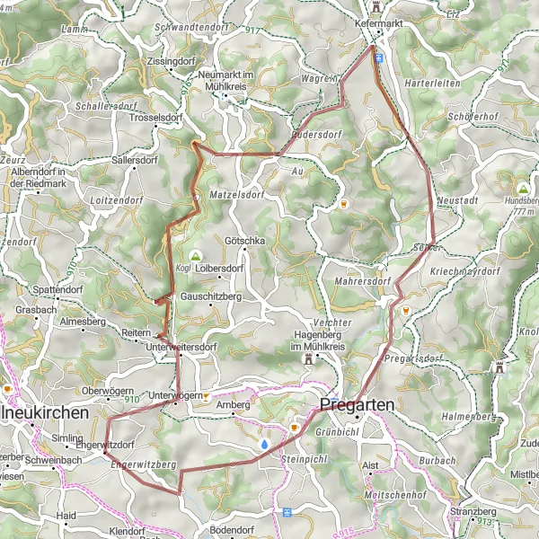 Mapa miniatúra "Gravelová trasa cez Unterweitersdorf a Wartberg ob der Aist" cyklistická inšpirácia v Oberösterreich, Austria. Vygenerované cyklistickým plánovačom trás Tarmacs.app