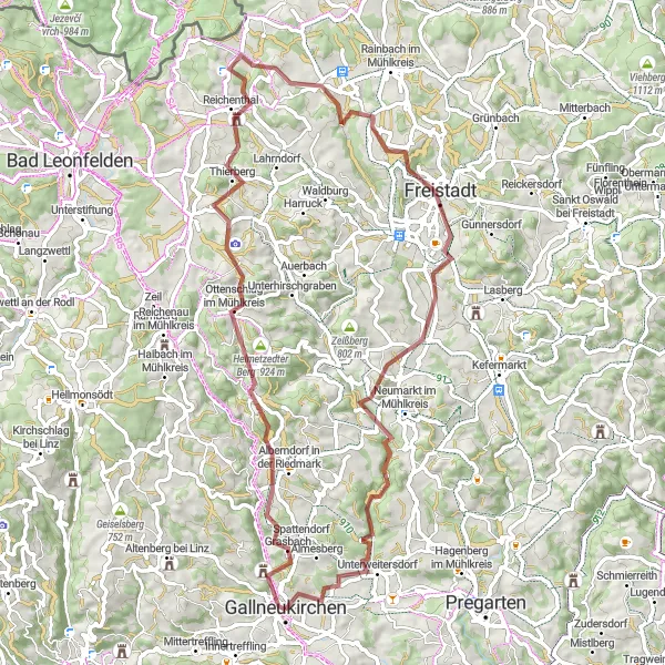 Zemljevid v pomanjšavi "Pustolovska gravel vožnja po podeželskih poteh" kolesarske inspiracije v Oberösterreich, Austria. Generirano z načrtovalcem kolesarskih poti Tarmacs.app