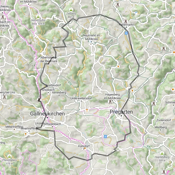 Miniatua del mapa de inspiración ciclista "Alberndorf in der Riedmark - Ruhstetten Road Trip" en Oberösterreich, Austria. Generado por Tarmacs.app planificador de rutas ciclistas