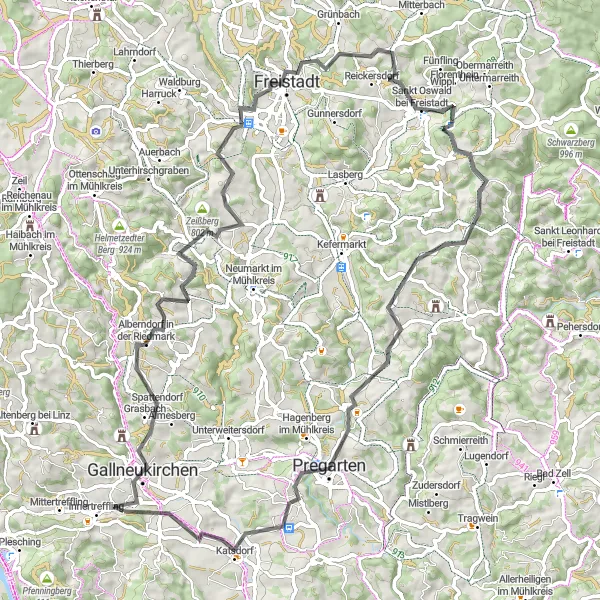Miniatua del mapa de inspiración ciclista "Ruta Escénica a Freistadt" en Oberösterreich, Austria. Generado por Tarmacs.app planificador de rutas ciclistas