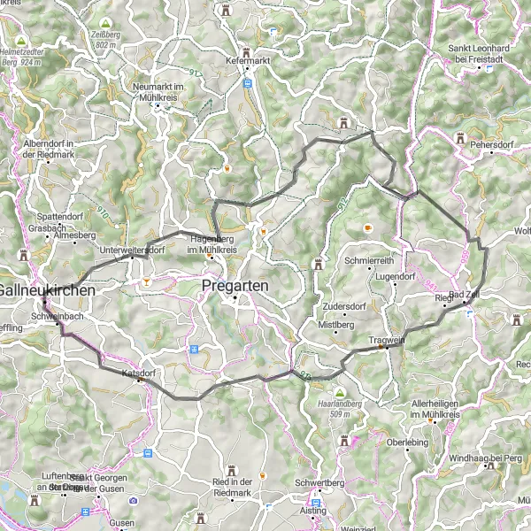 Miniaturní mapa "Cyklistická trasa do kopce z Gallneukirchenu" inspirace pro cyklisty v oblasti Oberösterreich, Austria. Vytvořeno pomocí plánovače tras Tarmacs.app