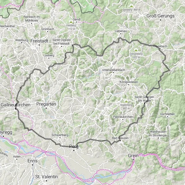 Miniature de la carte de l'inspiration cycliste "La Boucle des Châteaux et Villages" dans la Oberösterreich, Austria. Générée par le planificateur d'itinéraire cycliste Tarmacs.app