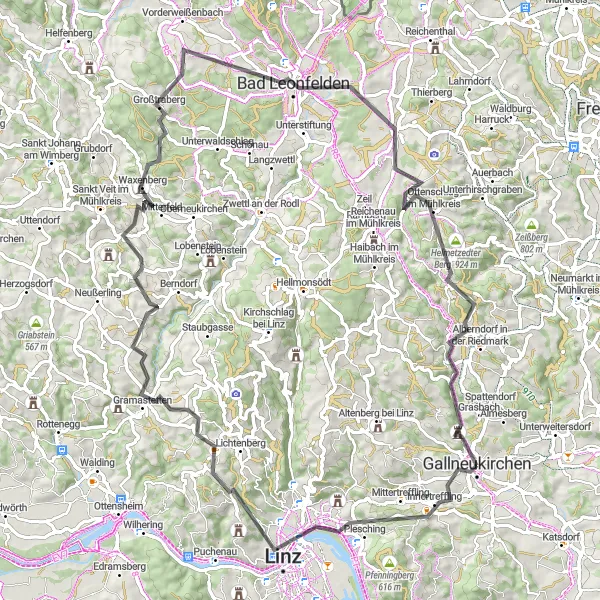 Miniatua del mapa de inspiración ciclista "Ruta de ciclismo de carretera por Gallneukirchen" en Oberösterreich, Austria. Generado por Tarmacs.app planificador de rutas ciclistas