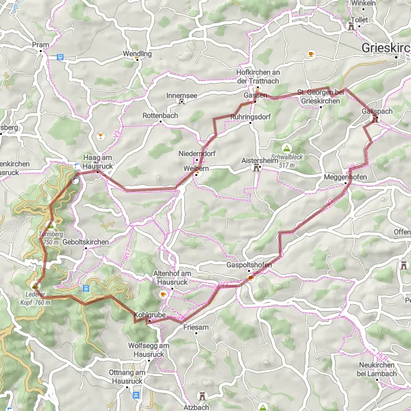 Miniatura della mappa di ispirazione al ciclismo "Escursione Gravel da Gallspach a Meggenhofen" nella regione di Oberösterreich, Austria. Generata da Tarmacs.app, pianificatore di rotte ciclistiche