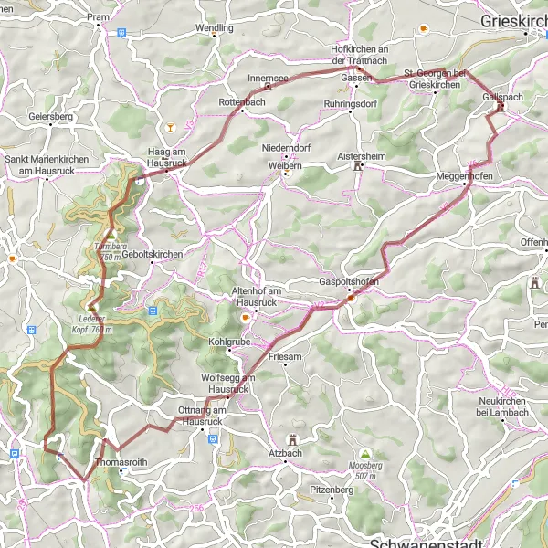 Miniatua del mapa de inspiración ciclista "Ruta de Grava Wolfsegg am Hausruck" en Oberösterreich, Austria. Generado por Tarmacs.app planificador de rutas ciclistas