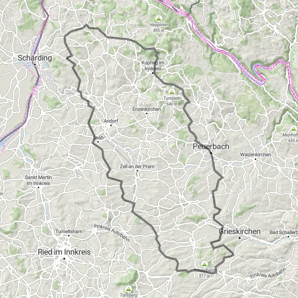 Miniatura della mappa di ispirazione al ciclismo "Giro in bici da Gallspach" nella regione di Oberösterreich, Austria. Generata da Tarmacs.app, pianificatore di rotte ciclistiche