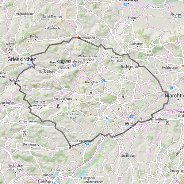 Miniatua del mapa de inspiración ciclista "Ruta en Carretera Sankt Marienkirchen" en Oberösterreich, Austria. Generado por Tarmacs.app planificador de rutas ciclistas