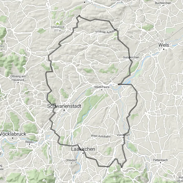 Miniature de la carte de l'inspiration cycliste "Aventure rurale au cœur de la nature" dans la Oberösterreich, Austria. Générée par le planificateur d'itinéraire cycliste Tarmacs.app
