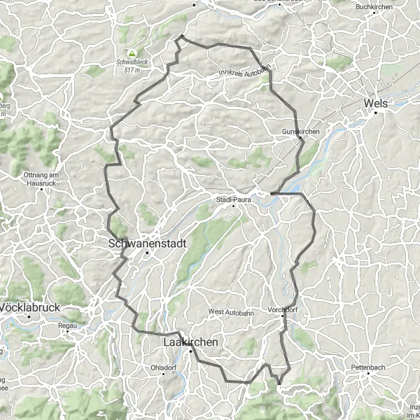 Miniatuurkaart van de fietsinspiratie "Uitdagende rit naar Redlham via Gunskirchen en Moosberg" in Oberösterreich, Austria. Gemaakt door de Tarmacs.app fietsrouteplanner