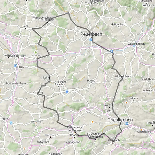 Miniatura della mappa di ispirazione al ciclismo "Cicloturismo in Alta Austria" nella regione di Oberösterreich, Austria. Generata da Tarmacs.app, pianificatore di rotte ciclistiche