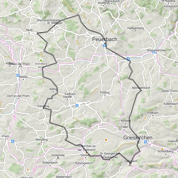 Miniatuurkaart van de fietsinspiratie "Hofkirchen an der Trattnach naar Gallspach" in Oberösterreich, Austria. Gemaakt door de Tarmacs.app fietsrouteplanner