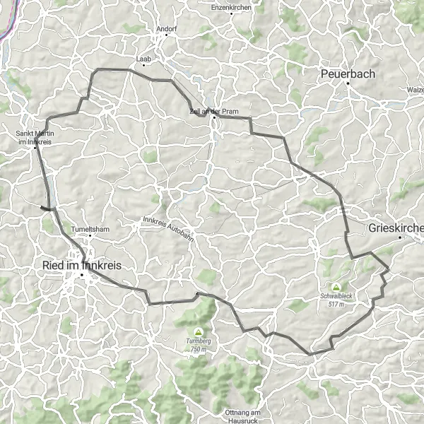 Miniatura della mappa di ispirazione al ciclismo "Giro in bicicletta Gallspach - Meggenhofen - Gaspoltshofen - Aurolzmünster - Hoher Schachen - Mayrhof - Steindlberg - Neumarkt im Hausruckkreis - Gallspach" nella regione di Oberösterreich, Austria. Generata da Tarmacs.app, pianificatore di rotte ciclistiche