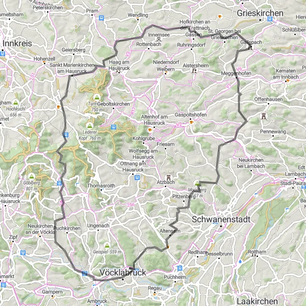 Karttaminiaatyyri "Gallspach - Moosberg - Vöcklabruck - Gallspach 90km" pyöräilyinspiraatiosta alueella Oberösterreich, Austria. Luotu Tarmacs.app pyöräilyreittisuunnittelijalla