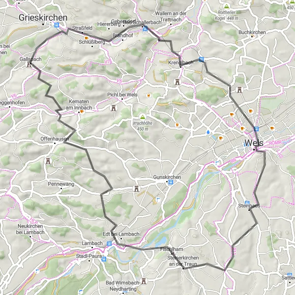 Map miniature of "Lambacher Traun Route - Riverside panoramas and historic landmarks" cycling inspiration in Oberösterreich, Austria. Generated by Tarmacs.app cycling route planner